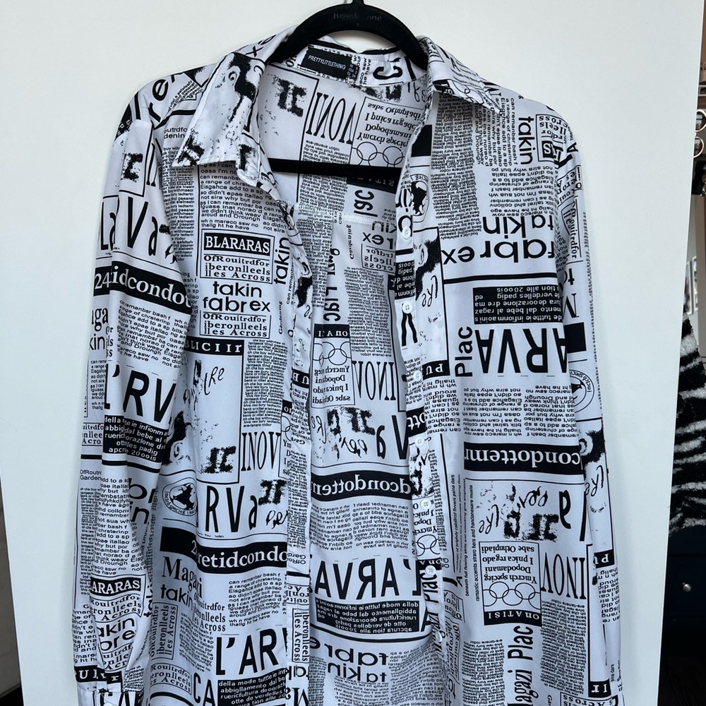PLT newspaper long sleeve button up shirt